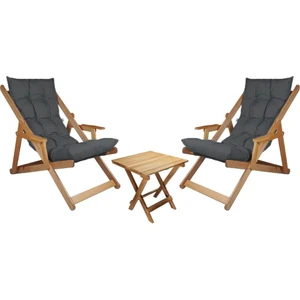 Ahşap Katlanabilir Taşınır Puf Minderli Kollu  Şezlong. Plaj, Bahçe, Teras, Balkon Için 3 Lü Set (Antrasit)
