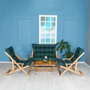 Ahşap Katlanabilir Taşınır Puf Minderli Kollu Şezlong Plaj Teras Balkon Bahçe Takımı 4 Lü Set (Yeşil)