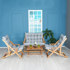 Ahşap Katlanabilir Taşınır Puf Minderli Kollu Şezlong Plaj Teras Balkon Bahçe Takımı 4 Lü Set (Gri)