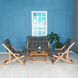 Ahşap Katlanabilir Taşınır Puf Minderli Kollu Şezlong Plaj Teras Balkon Bahçe Takımı 4 Lü Set (Antrasit)