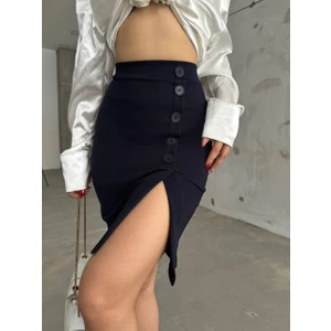 Moda Fine Kadın Yandan Yırtmaçlı Düğme Detaylı Krep Kumaş Likralı  Mini Etek