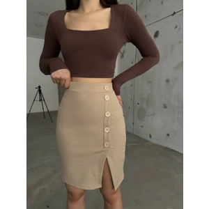 Moda Fine Kadın Yandan Yırtmaçlı Düğme Detaylı Krep Kumaş Likralı  Mini Etek