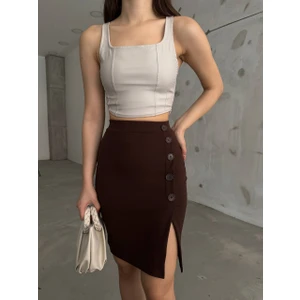 Moda Fine Kadın Yandan Yırtmaçlı Düğme Detaylı Krep Kumaş Likralı  Mini Etek