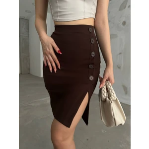 Moda Fine Kadın Yandan Yırtmaçlı Düğme Detaylı Krep Kumaş Likralı  Mini Etek