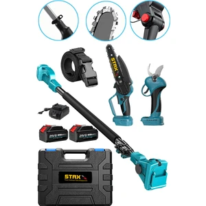 Staxx Power Blue Kömürsüz Motor 2100VLION X2çift Akülü 2,70MT Teleskopik Yüksek Dal Budama ve Bağ Makası 2li Set