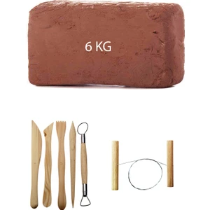Kahve Çamur Kırmızı Kil Seramik Hamuru 6 kg Ebeşuar Seti Seramik Çamur Kesme Teli