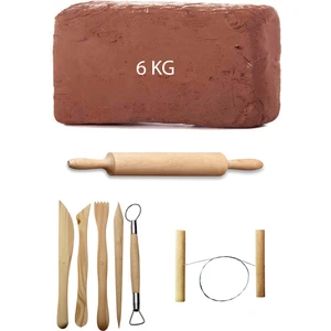 Kahve Çamur Kırmızı Kil Seramik Hamuru 6 kg Ebeşuar Seti Ahşap Merdane Seramik Çamur Kesme Teli