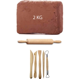 Kahve Çamur Kırmızı Kil Seramik Hamuru 2 kg Ebeşuar Seti Ahşap Merdane Seramik Set