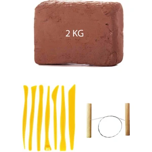 Kahve Çamur Kırmızı Kil Seramik Hamuru 2 kg Plastik Ebeşuar Seti 7 Parça Çamur Kesme Teli