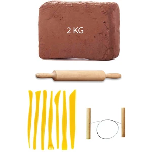 Kahve Çamur Kırmızı Kil Seramik Hamuru 2 kg Plastik Ebeşuar Seti Ahşap Merdane Çamur Kesme Teli
