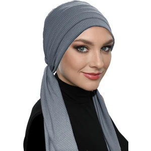 Fidan Bone Fitilli Penye Bağlama Koyu Gri Hazır Türban Tesettür Bone