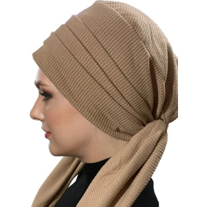 Fidan Bone Fitilli Penye Bağlama Camel Hazır Türban Tesettür Bone