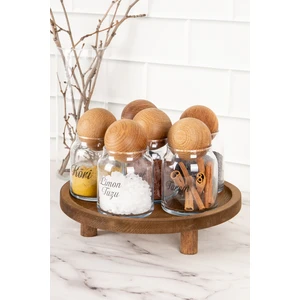 DNS Home Ahşap Stantlı 6'lı Top Kapaklı Cam Kavanoz Baharatlık Etiketli Saklama Kabı Baharatlık Seti 300 Mll