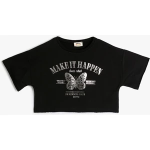 Crop Tişört Slogan Baskılı Kısa Kollu Bisiklet Yaka Pamuklu