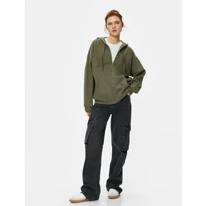 Fermuarlı Kapşonlu Sweatshirt Oversize Kabartmalı Kanguru Cepli