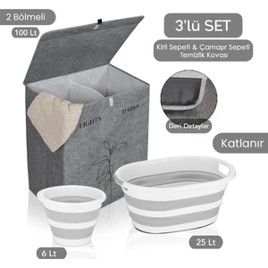 Meleni Home 2 Gözlü Çamaşır Sepeti Çok Amaçlı Hurç Gri 53X33X60CM-25LT Katlanır Çamaşır Selesi 6lt Kova 3'lü Set