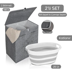 Meleni Home 2bölmeli Çamaşır Sepeti Çok Amaçlı Saklama Hurç Gri 53X33X60CM-25LT Katlanır Çamaşır Selesi 2'li Set