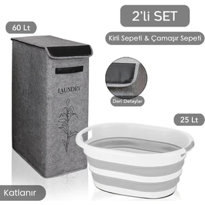Meleni Home Kapaklı Keçe Kirli Çamaşır Sepeti Katlanır Saklama Selesi 2li Set Gri 25X40X60CM-25LT Çamaşır Selesi