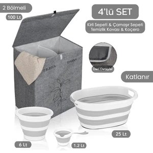 Meleni Home Keçe 2 Gözlü Çamaşır Sepeti Gri 53X33X60CM-25LT Katlanır Çamaşır Selesi-Su Kovası-Maşrapa 4'lü Set