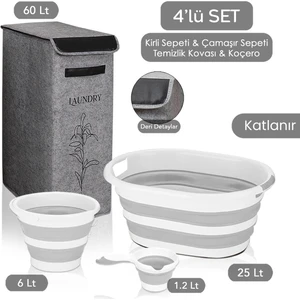 Meleni Home Keçe Kapaklı Çok Amaçlı Çamaşır Sepeti Gri 4'lü Set 25X40X60CM-25LT Çamaşır Selesi-Su Kovası-Maşrapa
