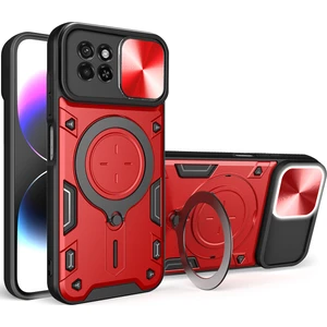 Itel S23 Için Çift Katmanlı Telefon Kılıfı, Slayt Kamera Kapağı ve Metal Gizli Braket ile Kırmızı (Yurt Dışından)