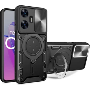 Realme C55 Için Çift Katmanlı Telefon Kılıfı, Slayt Kamera Kapağı ve Metal Gizli Braket ile Siyah (Yurt Dışından)