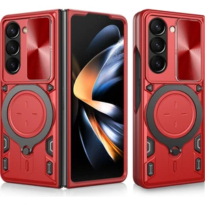 Samsung Galaxy Z Fold 5 Için Çift Katmanlı Telefon Kılıfı, Slayt Kamera Kapağı ve Metal Gizli Braket ile Kırmızı (Yurt Dışından)