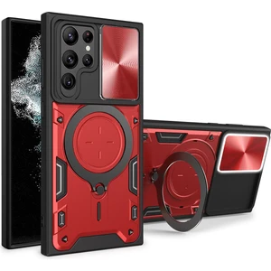 Samsung Galaxy S22 Ultra 5g Için Çift Katmanlı Telefon Kılıfı, Slayt Kamera Kapağı ve Metal Gizli Braket ile Kırmızı (Yurt Dışından)