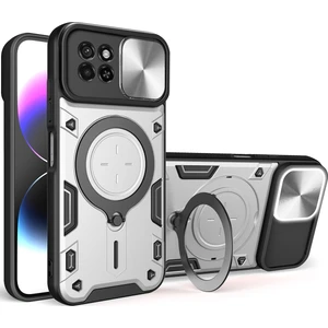 Itel S23 Için Çift Katmanlı Telefon Kılıfı, Slayt Kamera Kapağı ve Metal Gizli Braket ile Gümüş (Yurt Dışından)
