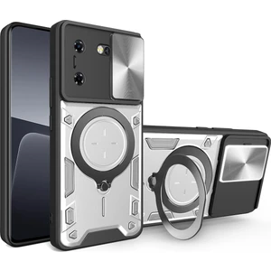 Tecon Pova 5 Için Çift Katmanlı Telefon Kılıfı, Slayt Kamera Kapağı ve Metal Gizli Braket ile Gümüş (Yurt Dışından)