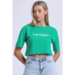 Kadın Benetton Yeşil Los Angeles Nakışlı Crop Tişört