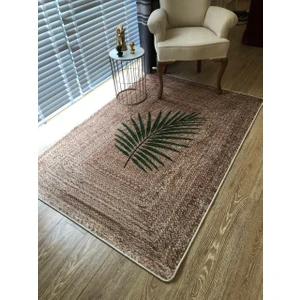 Hasır Jüt Görünümlü Yaprak Motif Lateks Taban Balkon ve Teras Halısı