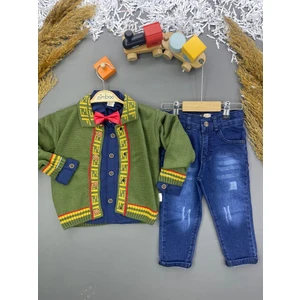 Erkek Çocuk Giyim 2-5 Yaş Triko Hırkalı Gömlekli Papyon Aksesurarlı Kot Pantolonlu 4 Lü Takım