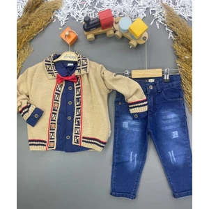 Erkek Çocuk Giyim 2-5 Yaş Triko Hırkalı Gömlekli Papyon Aksesurarlı Kot Pantolonlu 4 Lü Takım
