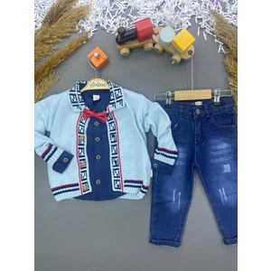 Erkek Çocuk Giyim 2-5 Yaş Triko Hırkalı Gömlekli Papyon Aksesurarlı Kot Pantolonlu 4 Lü Takım