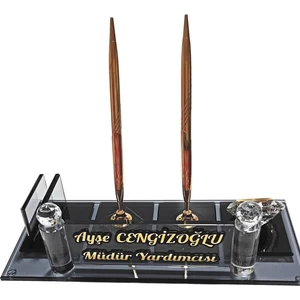 Mert Kristal Isimlik - Kristal Masa Isimliği - Kalemli Ofis Büro Makam Odası Hediyesi M187GLD