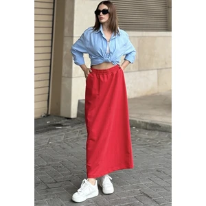 New Laviva Kadın Kırmızı Beli Lastikli, Rahat Kalıp, Cepli Uzun Etek