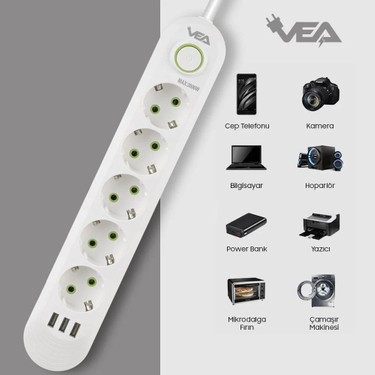 Vea VA-21562 5'li 3 x Usb'li 1.5 metre Akım Korumalı Priz Fiyatı