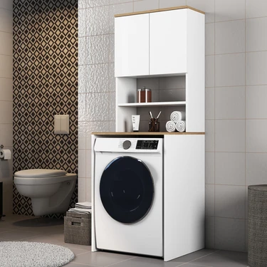 Ferniso Mobilya Çamaşır Makinesi Dolabı Kapaklı Banyo Dolabı Alt Üst Takım