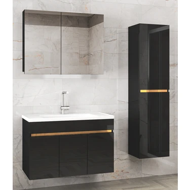 Alfa Banyo Viola3-S Siyah 80+35 cm Mdf-Ayna Dolaplı Seramik Lavabolu Banyo Dolabı Takımı**demonte