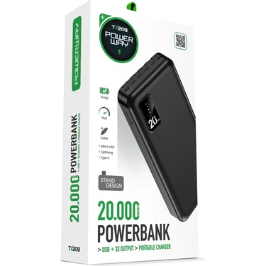 Powerway  20.000 Mah Kablolu Dijital Göstergeli 20.000 Mah Garantili Dahili Stand TX209 Siyah