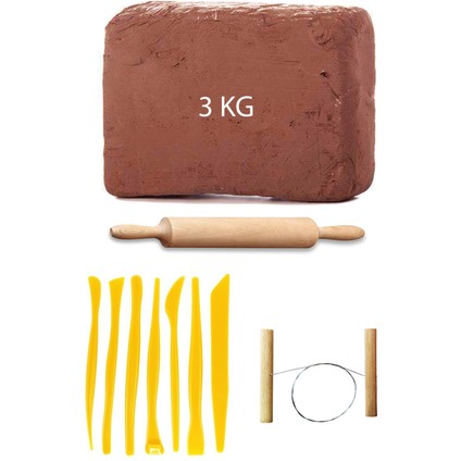 Kahve Çamur Kırmızı Kil Seramik Hamuru 3 kg Plastik Ebeşuar Seti Ahşap Merdane Çamur Kesme Teli