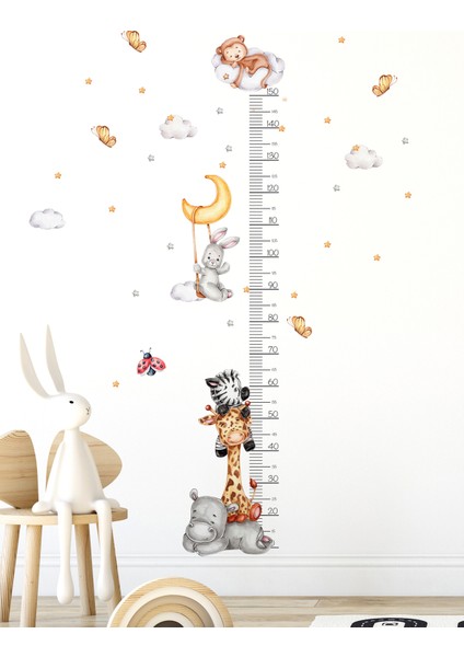 Zürafa Zebra Su Aygırı Maymun Tavşan Temalı Boy Ölçer Çocuk Duvar Ayna Dolap Kapı Eğlenceli Sticker