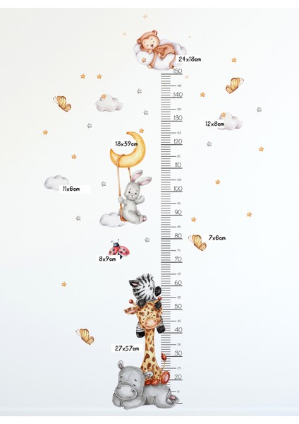 Zürafa Zebra Su Aygırı Maymun Tavşan Temalı Boy Ölçer Çocuk Duvar Ayna Dolap Kapı Eğlenceli Sticker