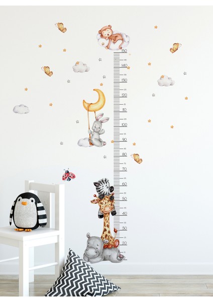Zürafa Zebra Su Aygırı Maymun Tavşan Temalı Boy Ölçer Çocuk Duvar Ayna Dolap Kapı Eğlenceli Sticker