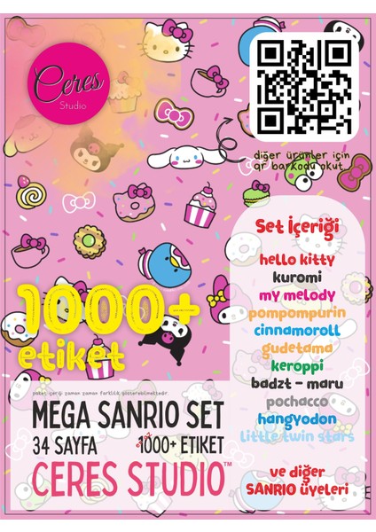 Dev Sanrio Sticker Set Hello Kitty Kuromi 34 Syf 1000+ Planlayıcı Bullet Journal Telefon Etiket