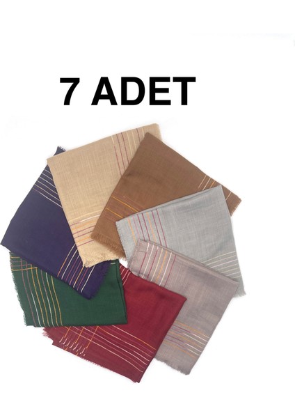 7'li Set Pamuklu Işlemeli Çizgili Flamlı Eşarp 100X100CM Yazma