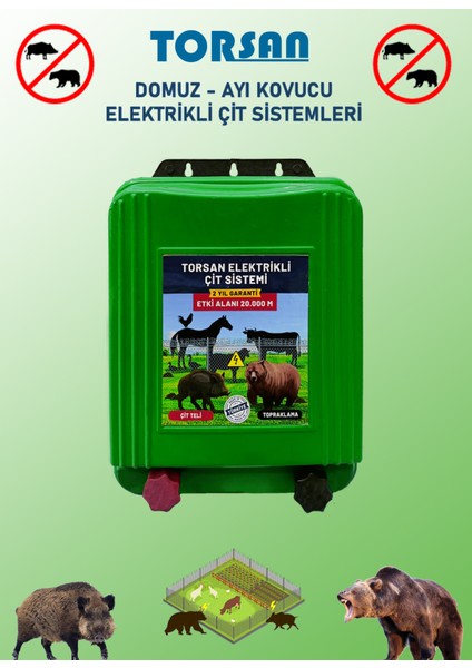 220V Adaptörlü Pro Plus 2000 Elektrikli Çit Sistemi ( Domuz - Ayı Kovucu ) 2000 Mt