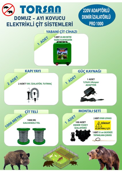 220V Adaptörlü Pro Plus 1000 Elektrikli Çit Sistemi ( Domuz - Ayı Kovucu ) 1000 Mt