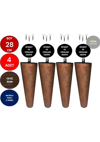 4'lü 28 cm Ceviz Ahşap Konik Ayak Koltuk Ayağı Baza Ayağı Mobilya Ayağı Dolap Ayağı 3301000000747